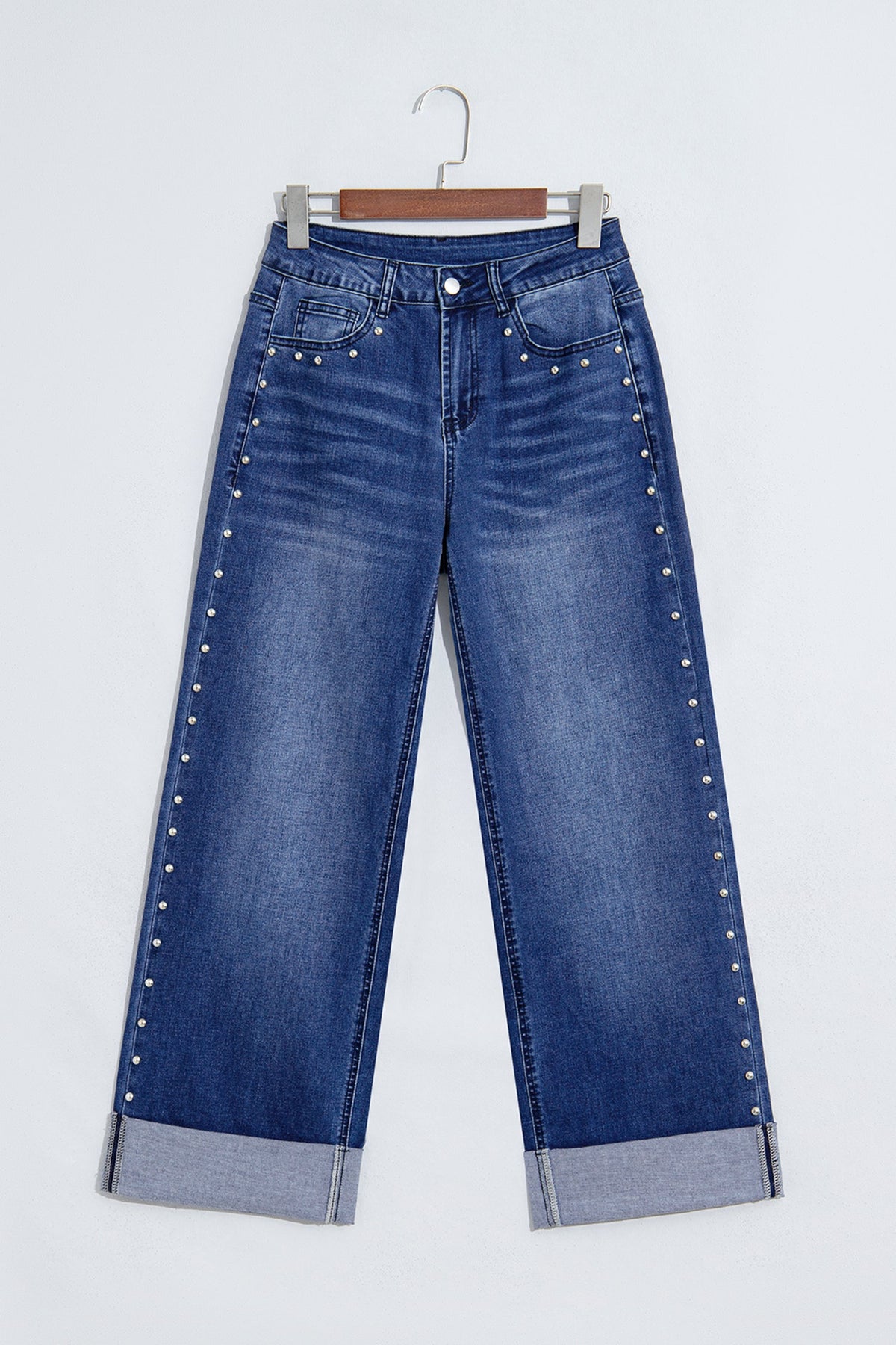 Coffee Studded Detail Straight Leg Casual Loose Jeans