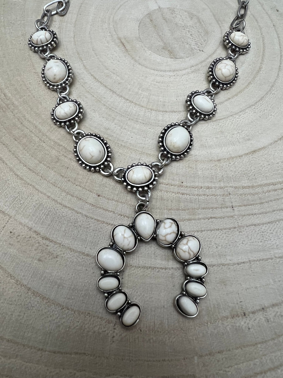 Western White Stone Faux Squash Blossom Necklace — 16 Inch Southwestern Statement