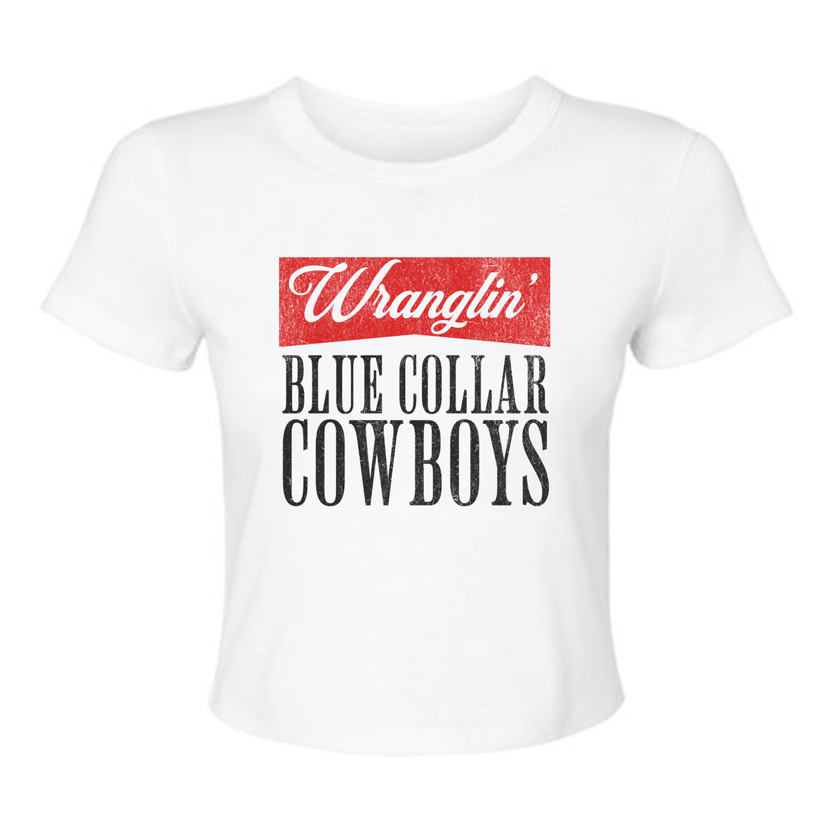 Wranglin’ Blue Collar Cowboys Crop Tee – Western Cowgirl Graphic Shirt